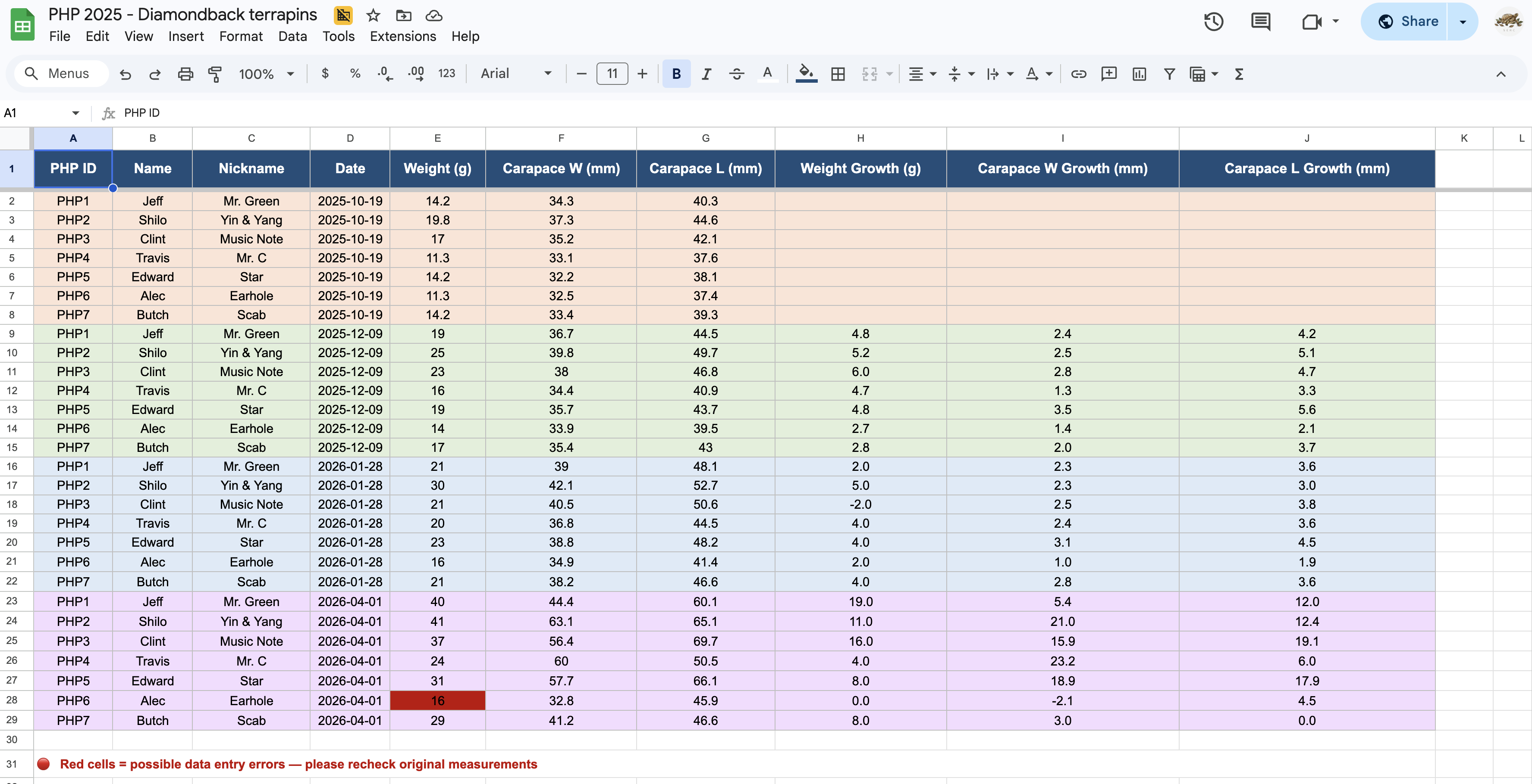 The finished spreadsheet — color-coded by session, with growth calculations built in and data errors flagged for review.